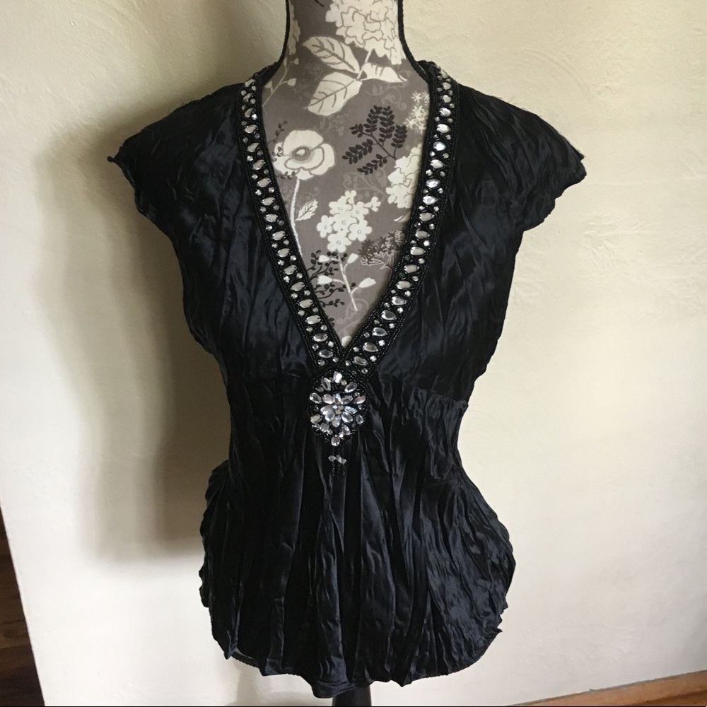 Miss Me Jeweled Black Silk V-neck Top Large jewels